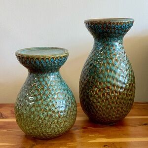 Ceramic Peacock Feather Candle Pedestal Set of 2 Glazed Heavyweight Holders